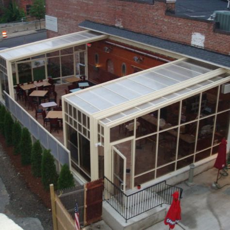 Fratelli's Retractable Roof Manufactured by Roll-A-CoverAmerica's Leading Custom Manufacturer of Retractable Enclosure and Roof Systems Patio Chico, Porch Enclosure, Four Season Sunroom, Roof Skylight, Porch Enclosures, Screen Enclosures, Pool Enclosures, Retractable Roof, Patio Enclosures