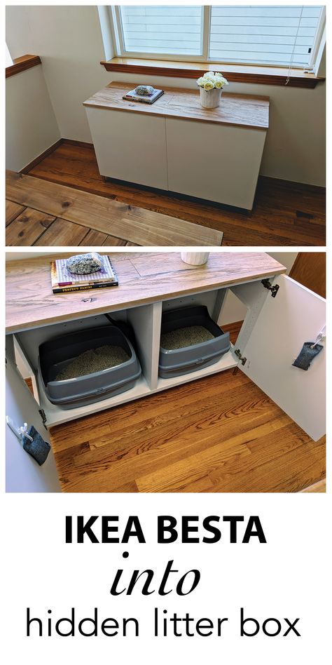 I have 2 cats and no other room to put the litter boxes than in my living room. I know, it's not ideal to say the least, but this cabinet that hids the litter boxes seem to do the trick ! It is a simple Ikea Besta cabinet, I spray painted the legs in gold, added an oak top (I had some unused wood in my garage), and jigsawed 2 holes on each side, and boom ! I'll probably add some nice pulls or handles to complete the project though. Ikea Besta Cabinet, Hidden Litter Boxes, Besta Ikea, Katt Grejer, Ikea Besta, 2 Cats, Cat Room, Cat Litter Box, Cat Diy