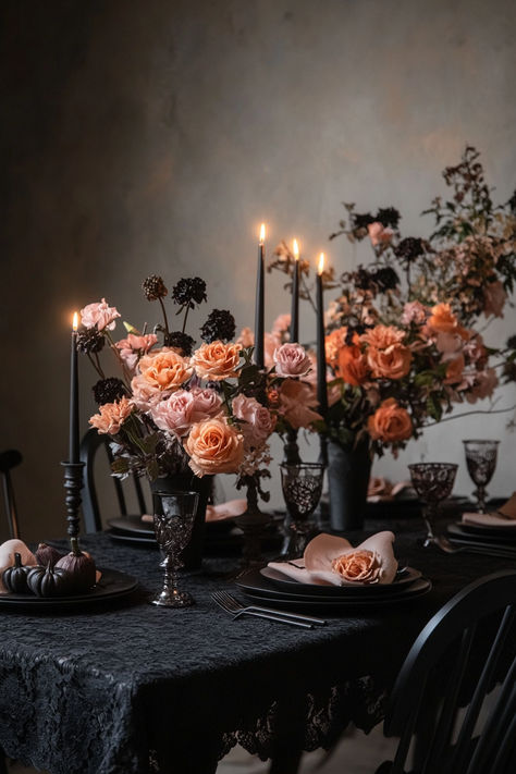 Set the perfect Halloween dinner with black lace tablecloths, gothic candle holders, and eerie centerpieces. Your guests will love this spooky chic vibe! Witch Theme Tablescape, Spooky Elegant Dinner Party, Halloween Candleopera, Gothic Chic Halloween Decor, Gothic Lantern Centerpieces, Fancy Diner Aesthetic, Gothic Thanksgiving Decor, Modern Halloween Party Decor, Halloween Candle Centerpieces