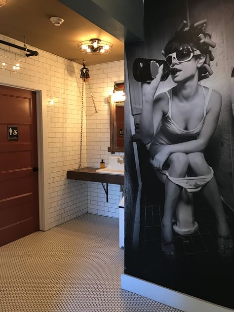 Restaurant Bathroom Door Ideas, Edgy Restaurant Design, Ladies Toilet Ideas, Bar Bathroom Decor, Cool Bar Bathrooms, Bar Bathroom Aesthetic, Restaurant Bathroom Ideas, Speakeasy Bathroom, Restaurant Bathroom Design