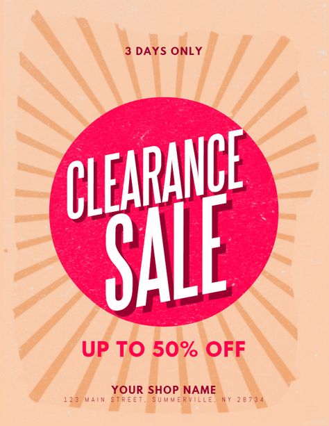 Clearance sale retail offer flyer social media graphic design template. Clearance Sale Poster Design, Retail Promotion Ideas, Sales Poster Design, For Sale Sign Design, Sale Creative Ads, Sale Design Graphics Ideas, Clearance Sale Banner, Bye Images, Offer Poster Design