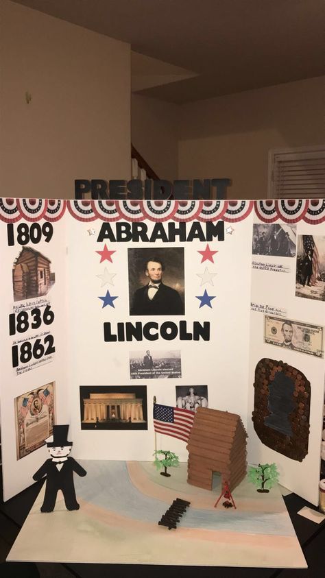 Abraham Lincoln project board Abraham Lincoln School Project, Abraham Lincoln Projects For Kids, Abraham Lincoln Poster Board Projects, Abraham Lincoln Project, Abraham Lincoln Costume Kids, Living History Museum Project, Wax Museum School Project, Wax Museum Ideas, Abraham Lincoln Costume