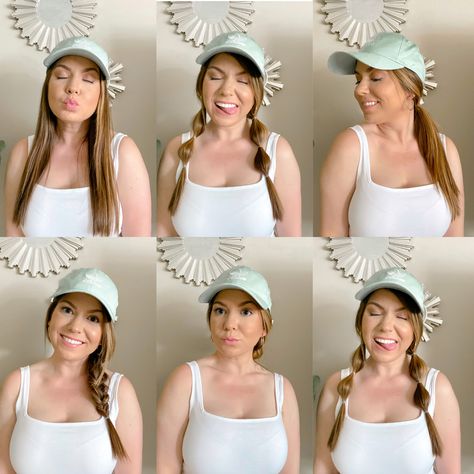 Ways To Wear Baseball Cap, Hair Styles For Baseball Caps, Ways To Wear Your Hair With A Hat, Ways To Wear Hair With Baseball Cap, Braids For Hats Baseball Caps, Cute Ways To Wear Baseball Cap, Wearing A Cap With Long Hair, Shoulder Length Hair Baseball Cap, Hairstyles For Baseball Hats