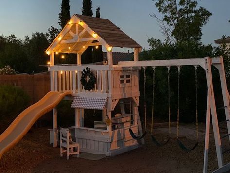 Swingset Play Area, Wood Playset Plans, Diy Playhouse Swingset Plans, Sandbox And Playhouse, Wood Playground Makeover, Playset Lighting Ideas, Cute Playground Ideas, Outdoor Backyard Playground, Playhouse Garden Ideas