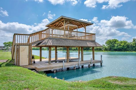 2 Story Boat Dock, Lake Docks, Viewing Deck, Pavilion Plans, Boat Docks, Lake Dock, Private Boat, Canal House, Boat Slip