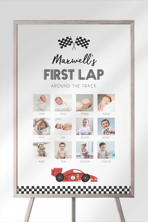 Zoom through your little racer's first year with our 'First Lap Around the Track' 12-month photo milestone chart! From their first smile to their first steps and beyond, this chart captures every thrilling moment in a racing-themed style. With vibrant race car designs and customizable photo spaces, it's the perfect way to celebrate their first lap around the track! 🏁🎉 #FirstLapBirthday #RaceCarParty #FastONE #Racecar1stbirthday #Racecarmilestonechart" Milestone Chart, Car Designs, Race Car, First Year, First Birthday, 1st Birthday, Track, Birthday