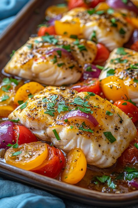 Baked white fish fillets topped with chopped herbs and served with roasted cherry tomatoes and red onions. How Long To Cook Halibut In Pan, Halibut Tomato Recipes, Halibut Filet Recipes, Halibut Fish Recipes, Fish Thanksgiving Recipes, Cooking Halibut In The Oven, Fresh Halibut Recipes, Halibut Fillet Recipes, Broiled Halibut Recipes