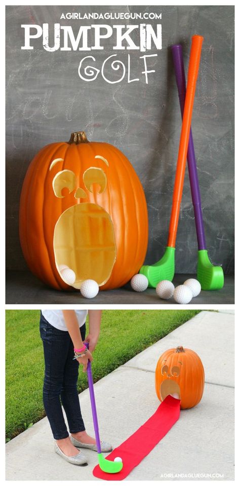 DIY Pumpkin Golf | Halloween Games Pumpkin Golf, Golf Halloween, Fall Festival Games, Halloween Infantil, Fall Carnival, Festival Games, Halloween Decor Diy, Painting Pumpkins, Diy Halloween Games