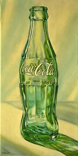 "Coke Bottle Two" oil on canvas (16 x 8 inches). Original Fine Art for Sale - © 2016 Margaret Horvat.  See more works by Margaret Horvat at www.horvatart.com. Cola Bottle, Coke Bottle, Coca Cola Bottle, Coca Cola, Glass, Green, Art