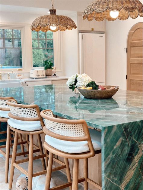 A Dreamy Kitchen Remodel with Woven Textures and Statement Stone – Becki Owens Blog Big Kitchen Island Decor, Unique Granite Countertops, Colorful Kitchen Countertops, Statement Countertops, Colorful Kitchen Island, Green Marble Kitchen, Dining Room Light Fixtures Modern, Room Ideas Coastal, Kitchen Island Stone