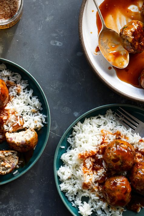 Jerk Chicken Meatballs With Barbecue-Pineapple Glaze Recipe - NYT Cooking Jerk Chicken Meatballs, Jerk Meatballs, Barbecue Pineapple, Turkey Entrees, Bbq Pineapple, Jerk Sauce, Savory Meatballs, Main Recipes, Bowl Meals