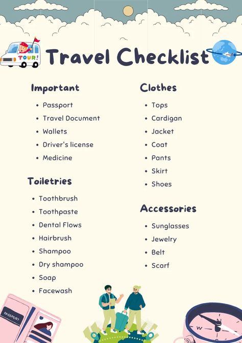 Free Printable Travel Checklist: Never Forget Anything Again Packing Lists For Vacation, Work Trip Packing List, Vacation To Do List, Family Packing List, Checklist Travel, Travel Packing Checklist, Travel Packing List, Travel Bag Essentials, Holiday Travel Destinations