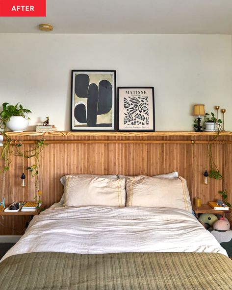 A Boho Bedroom Redo Only Cost $250 — And Looks Way Different | Apartment Therapy No Headboard Ideas, Headboard Upcycle, Headboard Hack, Hanging Headboard, Shelf Above Bed, Diy Bed Headboard, Diy Wood Headboard, Spavaća Soba, Headboard With Shelves