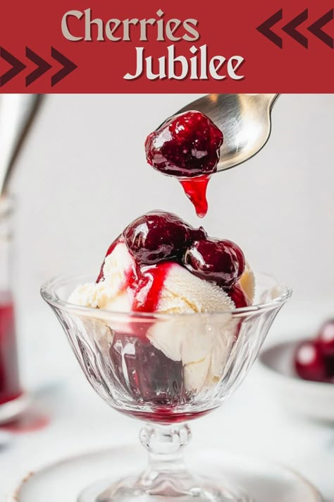 Cherries Jubilee is a visually stunning dessert featuring a simple yet delightful combination of creamy vanilla ice cream and warm, liquor-infused cherries. Cherry Sauce For Ice Cream, Cherry Reduction Sauce, Homemade Cherry Sauce, Sauce For Ice Cream, Fresh Cherry Recipes, Ice Cream Cheesecake, Cherry Salsa, The View From Great Island, Cherry Topping