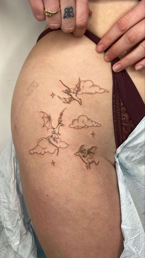 Tattoo Of Three Things, Weather Tattoo Ideas, Correlating Tattoos, Whimsical Tattoo Ideas, Slow Down Your Doing Fine Tattoo, Dreamy Tattoo Ideas, Coller Bone Tattoos Women, Tattoos Whimsical, Enchanted Tattoo