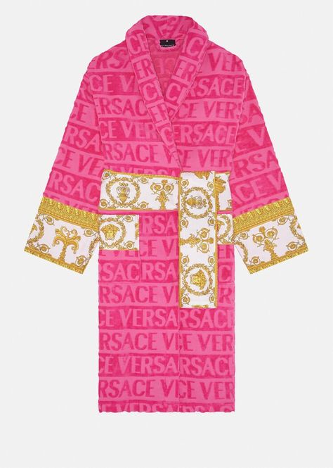 Versace Bathrobe, Linen Bathrobe, Versace Pink, Short Hoodie, Versace Logo, Versace Home, Frou Frou, Wrap Belt, Logo Pattern