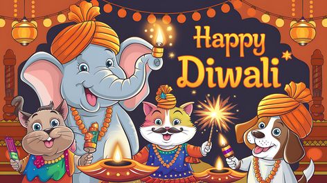 Free Cute Cartoon Animals Celebrating Diwali Diwali Cartoon, Deepavali Greetings Cards, Deepavali Wishes, Hindu Festival Of Lights, Balloon Background, Valentine Background, Diwali Images, Cartoon Photo, Animal Groups