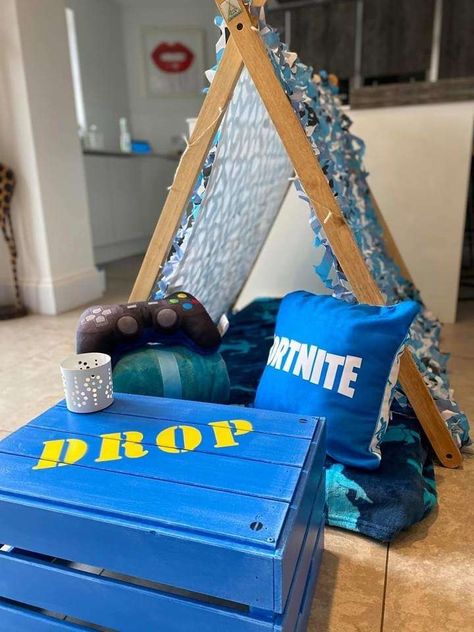 Fortnite birthday party | CatchMyParty.com Tp Tent, Teepee Party, Sleepover Party, Party Photos, Catch My Party, Fortnite, Toy Chest, Tent, Birthday Parties