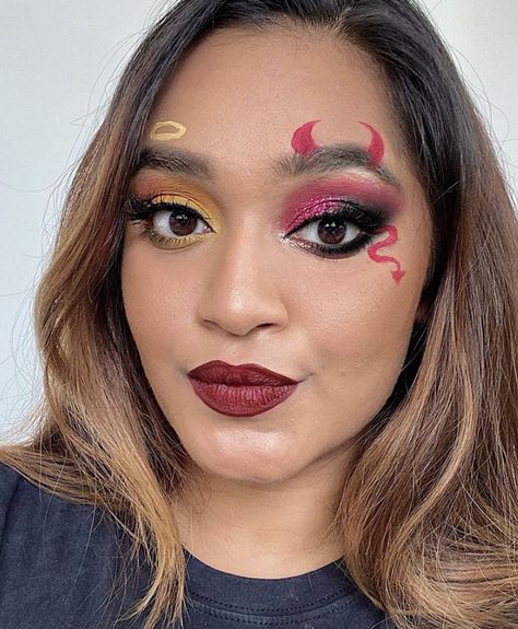 Half Devil Half Angel Makeup, Half Angel Half Devil Makeup, Angel And Devil Makeup, Devil Halloween Makeup, Devil Makeup Halloween, Melanie Martinez Makeup, Devil Makeup, Angel Makeup, Devil Halloween