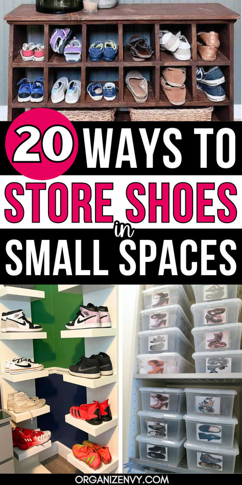 Photos of shoe storage ideas in the home. Diy Small Closet Shoe Storage, Shoe Storage For A Lot Of Shoes, Shoe Organizer For Small Closet, Small Space Shoes Storage, Easy Shoe Organization, Shoe Organizer Storage Ideas, How To Organize Your Shoes, Shoe Organization Small Space Closet, Sneaker Storage Ideas For Small Spaces