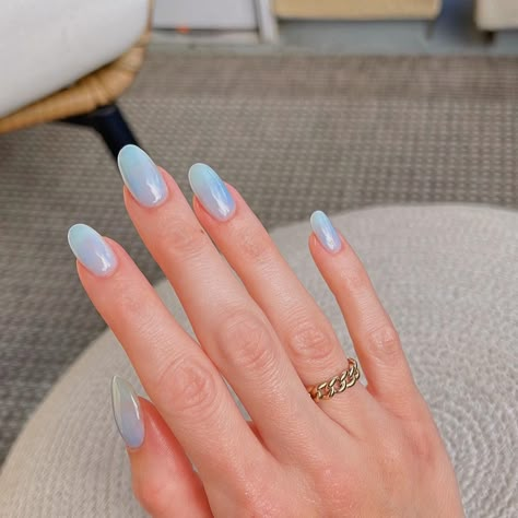 Blueberry Milk Nails! With a delectable blend of pastel hues, this delicious trend is capturing everyones eye so I wanted to do my own take. With my Nail Thoughts gel colors, you can achieve this enchanting look for an effortless fresh look for the spring or summer time! Your nails will shine with the luminous glow of your dreams ✨💙 #gelnails #gelnaildesign #trending Blueberry Milk Nails Chrome, Milky Blueberry Nails, Blueberry Milk Nails 2023, Nail Blue Pastel, Blue Neutral Nails, Milk Blue Nails, Blueberry Milk Nails Sofia Richie, Nail Blue Design, Trending Blue Nails