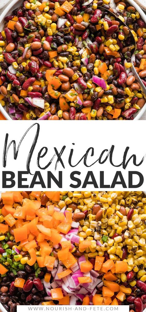 A large Mexican three bean salad with homemade cilantro vinaigrette, in a white bowl ready to serve. Vegetarian Mexican Salad, Mexican Bean Salad Recipes, Mediterranean Three Bean Salad, Mexican Dense Bean Salad, Mediterranean Dense Bean Salad, Cilantro Vinaigrette, Mexican Bean Salad, 3 Bean Salad, Too Hot To Cook