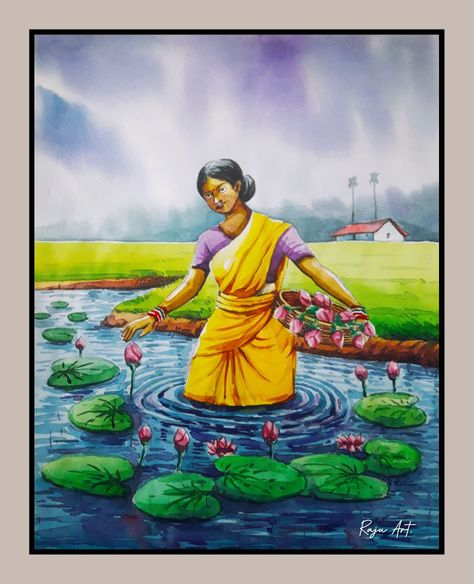 Indian village girl lotus collecting from pond or river. Water colour on paper. The painting is inspired by another artist's work. River Scenery Painting, My River Drawing, Indian Village Scenery Drawing, Lotus Scenery Drawing, Village Life Painting Indian, Village Scene Drawing Water Colour Easy, Village Drawing Landscapes Watercolor, সিনারি Drawing, Water Colour Senary Painting