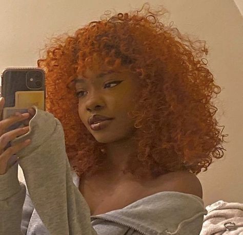 f// @alivianicolee for more Bright Orange Hair Black Women, Black With Ginger Hair, Ginger Baddie Aesthetic, Black Ginger Woman, Black Woman Orange Hair, Orange Curly Hair Black Women, Orange Natural Hair Black Women, Ginger Red Hair Black Women, Ginger Dyed Hair Black Women