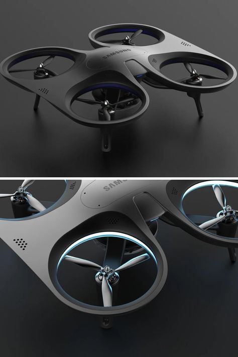 the Samsung Public Safety Drone (also known locally as DNDN) fills in the gap left by police personnel… because while it isn’t easy to physically respond to alerts in mere seconds, a flying drone can reach a point of interest much faster. Drone Concept Design, Futuristic Drone, Drone Propeller, Drone Concept, Spy Drone, Flying Drones, Uav Drone, Foldable Drone, Drones Concept