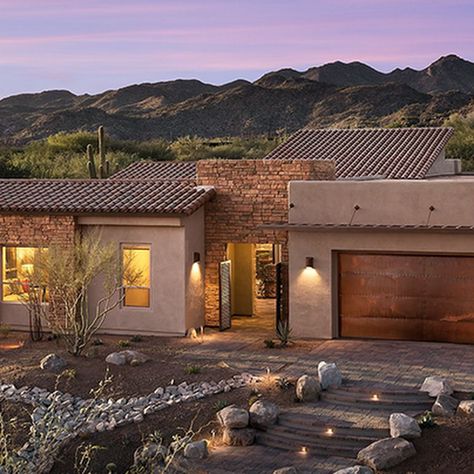 stone and stucco home with awning and tile roof Dessert Home Exterior, Modern Southwest Home Exterior, Stucco With Metal Roof, Stucco Exterior Colors Brown Roof, Desert Tan Roof, Stucco House Slate Roof, Southwest Home Exterior, Concrete Homes Exterior, Stucco Track Home Remodel Exterior