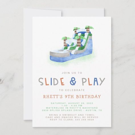 Inflatable Water Slide Birthday Party Invitation  Zazzle Water Slide Birthday Party, 4th Birthday Party For Boys, Water Birthday Parties, Hawaii Birthday Party, Second Birthday Boys, 4th Birthday Boys, Water Birthday, Summer Birthday Invitations, Birthday Themes For Boys