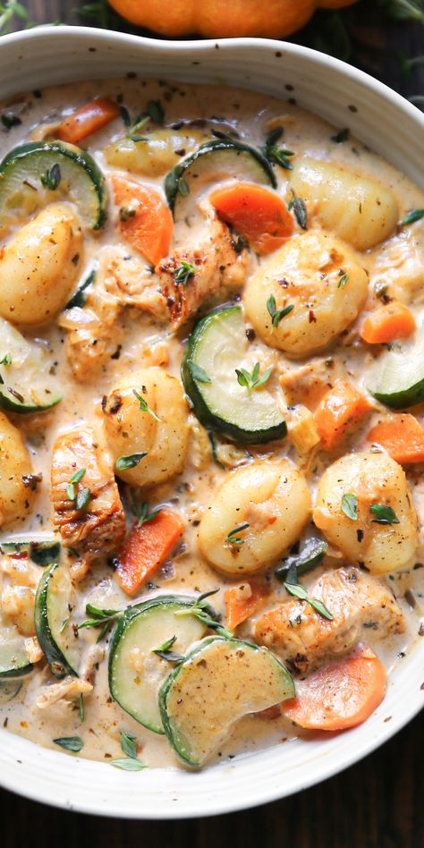 Creamy Chicken Gnocchi Soup with Carrots, Zucchini, Onions, and Garlic - in a white bowl. Essen, Creamy Chicken Gnocchi Soup, Creamy Chicken Gnocchi, Soup With Carrots, Dairy Free Soup, Chicken Gnocchi, Pre Cooked Chicken, Chicken Gnocchi Soup, Gnocchi Soup