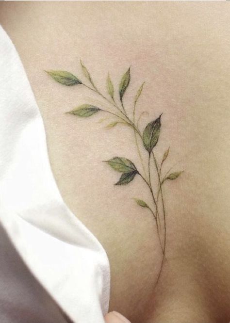 Greenery Back Tattoo, Sternum Leaf Tattoo, Flower Tattoo Sternum, Green Leaf Tattoo, Ferngully Tattoo, Basil Tattoo, Dainty Floral Tattoo, Pale Tattoo, Blatt Tattoos