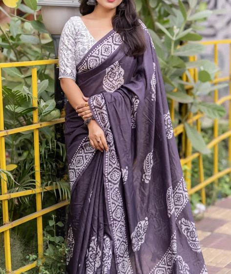 ***SOFT PURE CHANDERI COTTON SAREE with hand block batik prints ~Cotton tassles on pallu. ~Blouse- White chanderi cotton with saree matched block print designs ~Saree -5.5 meters ~Blouse- 1 meter. CODE: HPOO1692 **Humble Pleats offers ALL INDIA FREE SHIPPING **Accepts online payments. Do not offer exchanges, cash on delivery, or returns - except for damaged products. In the case of a damaged product, it must be in its original condition in order to be eligible for a return.***Light smudge... Block Print Designs, Cotton Printed Saree, Chanderi Cotton Saree, Pure Cotton Sarees, Soft Cotton Saree, Cotton Saree Blouse, Block Print Saree, Online Saree, Desi Girl