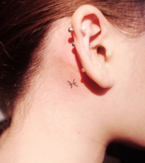 pisces behind ear tattoo - Google Search Pisces Tiny Tattoo, Pisces Tattoo Behind The Ear, Pisces Tattoo Behind Ear, Tiny Zodiac Tattoos, Tiny Behind The Ear Tattoos, Pices Zodiac Tattoo, Zodiac Tattoos Pisces, Pisces Symbol, Pisces Tattoo Designs