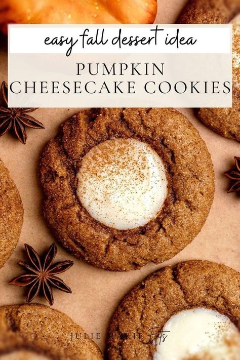 When it comes to the perfect fall dessert idea, these thumbprint cookies made with pumpkin spice and cheesecake filling are a delicious fall treat. They are delicious Thanksgiving desserts as well as an easy pumpkin cookie idea. Follow Julie Marie Eats for more cookie recipes and pumpkin recipes. Pumpkin Christmas Cookies, Pumpkin Thumbprint Cookies, Julie Marie Eats, Cheesecake Thumbprint Cookies, Best Pumpkin Cheesecake, Pumpkin Spice Cookie Recipe, Delicious Thanksgiving Desserts, Pumpkin Cheesecake Cookies, Pumpkin Cookies Easy