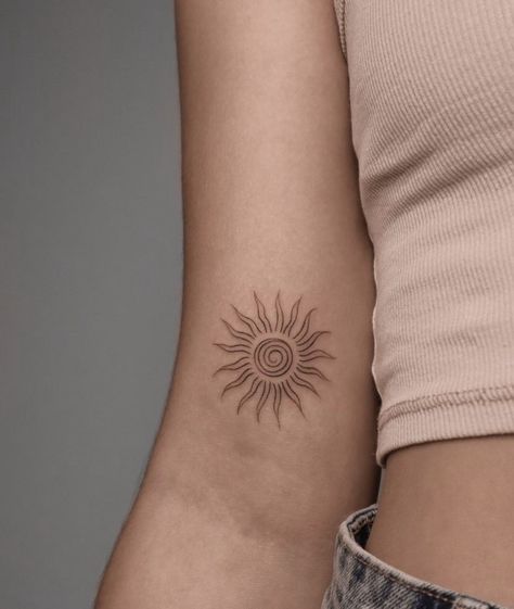 Mini Tats Sun, Sun Tattoo Unique, Sun And Nature Tattoo, Sun Above Elbow Tattoo, Tattoo Ideas Female Sun, Sun Elbow Tattoos For Women, Elbow Sun Tattoos For Women, Sun Tattoo Inner Arm, Sun On Elbow Tattoo