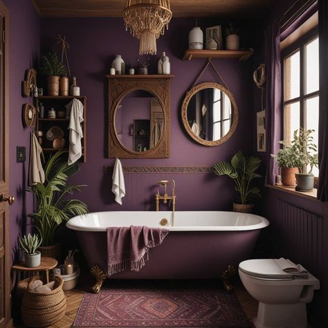 Purple Boho Bathroom, Purple Gold Bathroom, Deep Purple Bathroom Ideas, Violet Bathroom Ideas, Dark Plum Bathroom, Purple And Green Bathroom Ideas, Dark Purple Bathroom Walls, Bathroom Whimsigoth, Purple Aesthetic Bathroom