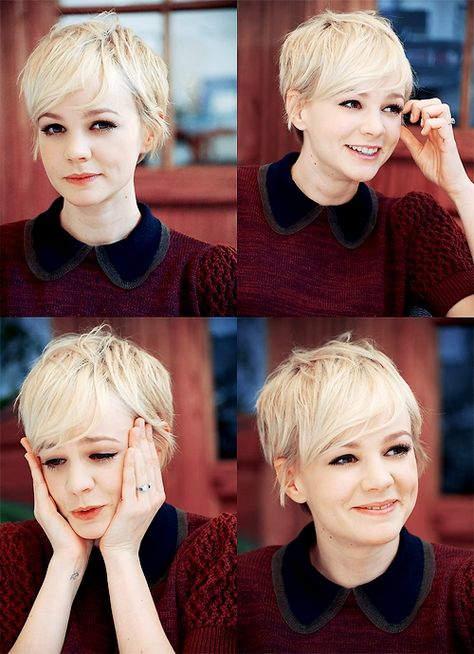 Carey Mulligan-  One of today's best young actresses.  She was rejected by many acting comapanies, but now she is an oscar-nominated actress.  I love her grace and pixie!  Many say that she resembles Audrey Hepburn. Kort Bob, Pixie Haircut For Round Faces, Long Pixie Hairstyles, Carey Mulligan, Long Pixie, Popular Haircuts, Short Blonde, Blonde Pixie, Short Blonde Hair