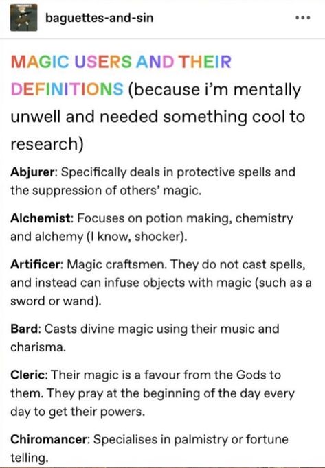 Writing A Group Of Characters, Types Of Sorcerers, Magic Writing Tips, Magic System Ideas Writing, Witch Story Prompts, Types Of Magic Users, Magic Writing Prompts, Dnd Prompts, Magic Geometry