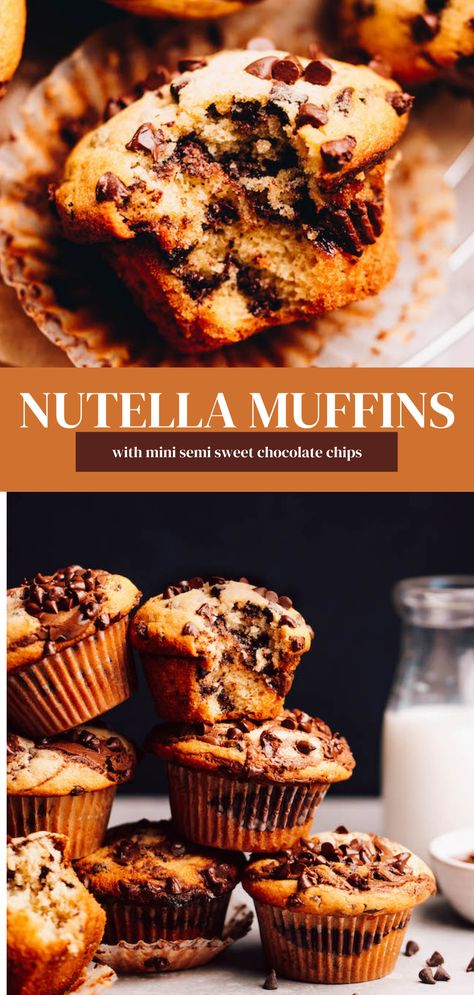 Nutella Muffins Recipes, Banana Nutella Muffins, Nutella Muffin, Mini Muffin Recipe, Nutella Pancakes, Nutella Muffins, Chocolate Chip Cupcakes, Bakery Style Muffins, Banana Nutella