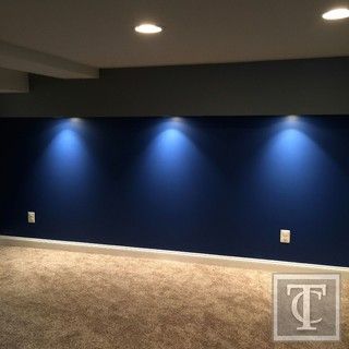 Stoneleigh Basement - Contemporary - Basement - Baltimore - by Tower Creek Construction | Houzz Basement Statement Wall, Basement Blue Walls, Basement Room Color Ideas, Black And Gray Basement, Navy Blue Basement Walls, Paint Colors For Basement Walls Cozy, Basement Painting Ideas, Blue Basement Ideas, Blue Basement Walls