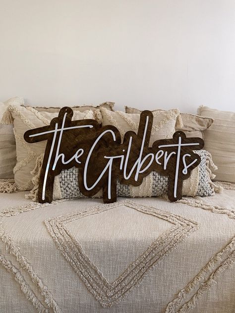 Last Name Above Bed, Wedding Signs With Last Name, Acrylic Family Name Sign, Last Name Light Up Sign, Last Name Sign For Wedding, Wooden Name Signs Wedding, Western Last Name Signs, Wooden Wedding Signs Last Name, Custom Last Name Signs