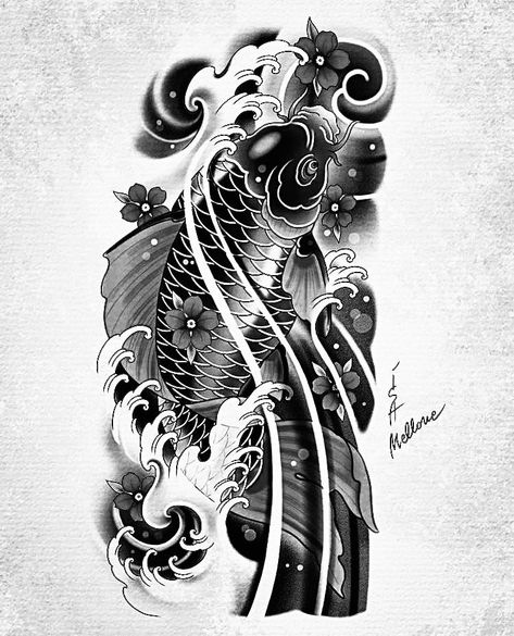 Koi Fish Tattoo Forearm For Men, Orientalism Art Tattoo Half Sleeve, Coi Fish Hand Tattoos, Koi Fish Tattoo Black And Grey, Dark Koi Fish Tattoo, Japanese Koi Fish Tattoo Design For Men, Japan Tattoo Sleeve For Men, Black And Grey Japanese Tattoo, Koi Fish Forearm Tattoo