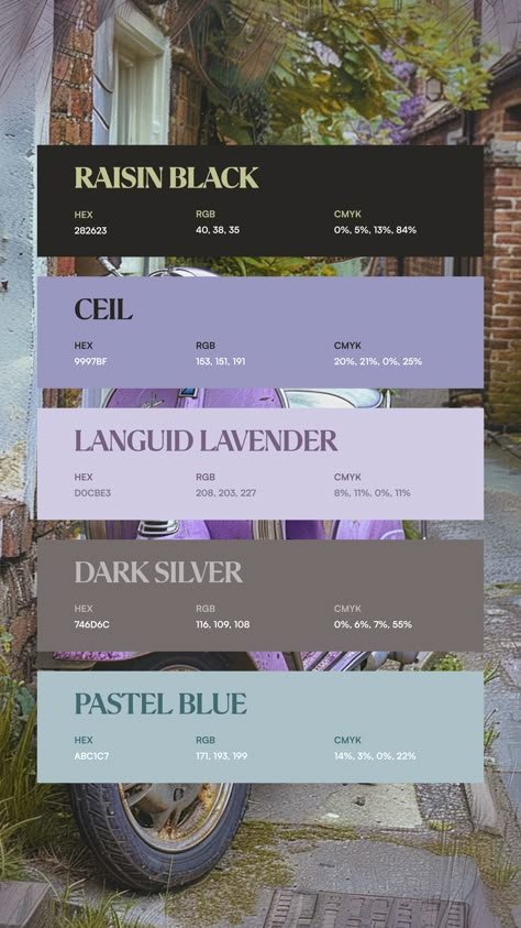 Colors:
282623
9997BF
D0CBE3
746D6C
ABC1C7 Pretty Colour Combinations, Color Ways Design Colour Palettes, Victorian Color Palette, Color Palette Purple, 2024 Color Palette, Lavender Color Palette, Art Color Palette, Color Theory Art, Free Planner Printables