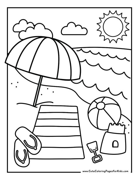 9 Beach Coloring Pages (Free Printable PDFs) - Cute Coloring Pages For Kids Kawaii, Cute Beach Things To Draw, Beach Art For Preschool, Beach Free Printables, Free Beach Coloring Pages, Beach Theme Coloring Pages, Toddler Coloring Page, Beach Craft Preschool, Beach Coloring Pages Free Printable