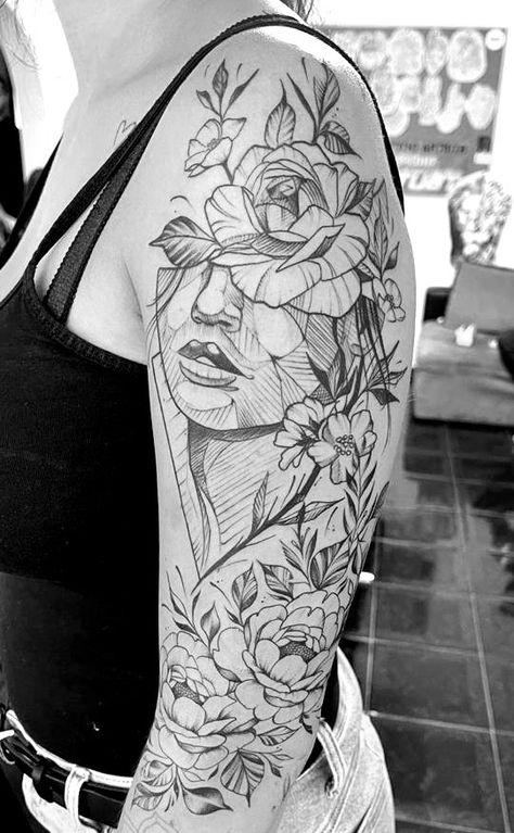 Floral linework tattoo Fill In Arm Sleeve Tattoo, Outer Upper Arm Tattoos For Women, Upperarmtattoo Women, Upper Arm Tattoo Sleeve, Womens Half Sleeve Tattoo Upper Arm, Female Upper Arm Tattoo, Half Sleeve Tattoos For Women Upper Arm Unique, Tattoo Upper Arm Women, Upper Bicep Tattoo Women