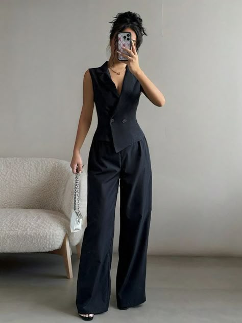 Professional Outfits Women Shein, Alternative Business Professional Outfits, Double Breasted Vest Outfits For Women, Smart Work Outfits Women Business Casual, Masculine Outfits For Women Formal, Business Vest Outfits, Power Woman Outfit, Formal One Piece For Women, Vest Set Outfits For Women