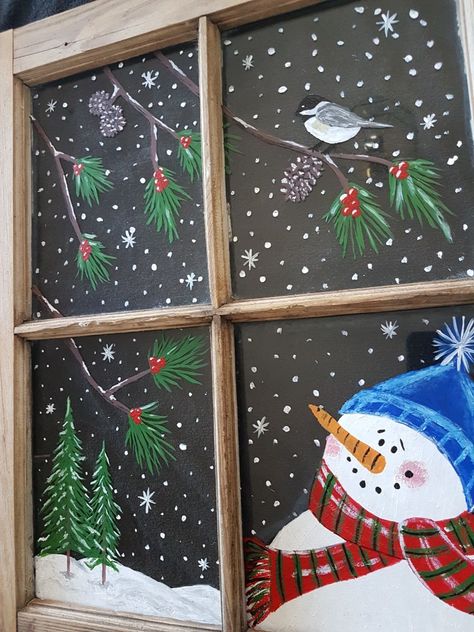 Snowman Window Painting Ideas, Snowman Painted Windows, Window Painting Christmas Easy, Winter Painting On Window, Window Holiday Painting, January Window Painting, Old Window Painting Ideas Christmas, Old Window Christmas Ideas Diy Projects, Snow Windows Art