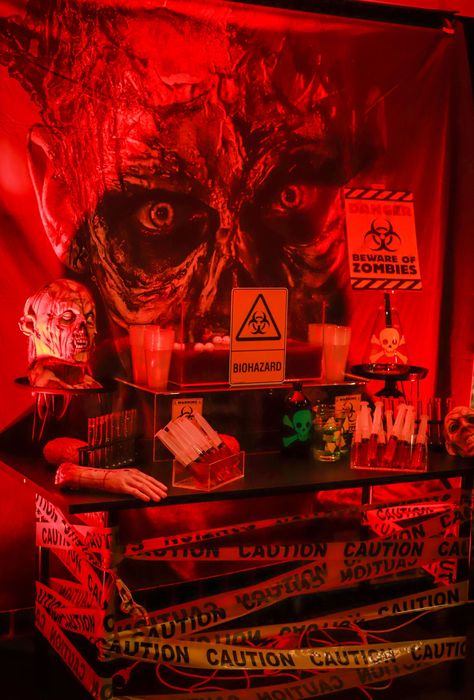 Zombie bar setupBirthday party @amy_isha_hembrow StylingCo-ordinationProps @nextevent.com.au Dessertscakegrazing table @theremustbecake Balloons @lovenwishesstyledevents Signage @veryflamingo.com.au LightingSpecial effects @prestigegroupau goldcoast gc goldcoastevents horror horrorparty styling goldcoaststyling brisbane brisbanestyling event specialevent eventplanning Halloween Dj Booth, Scary Themed Birthday Party, Rocky Horror Party Decorations, Horror Themed Birthday Party Decorations, Creepy Restaurant, Halloween Party Table Setup, Horror Movie Birthday Party, Horror Birthday Party Ideas, Horror Themed Room